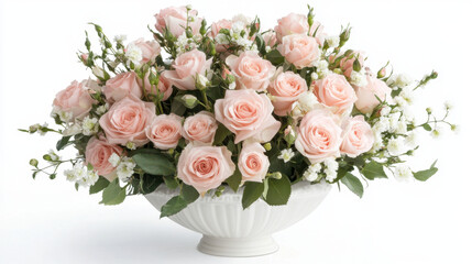 Obraz premium Bouquet of pale pink roses and small white flowers in decorative vase, creating serene and elegant atmosphere