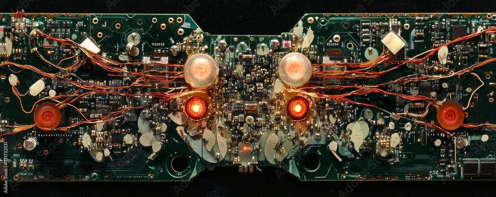 Poster close up view of circuit board with intricate wiring and glowing elements