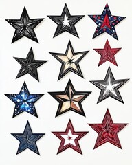 Obraz premium A collection of 12 colorful decorative stars in various patterns, including galaxy and striped designs.