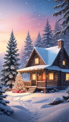 Fototapeta premium Cozy Christmas Landscape with Snowy Scenery and Festive Tree. generated by ai