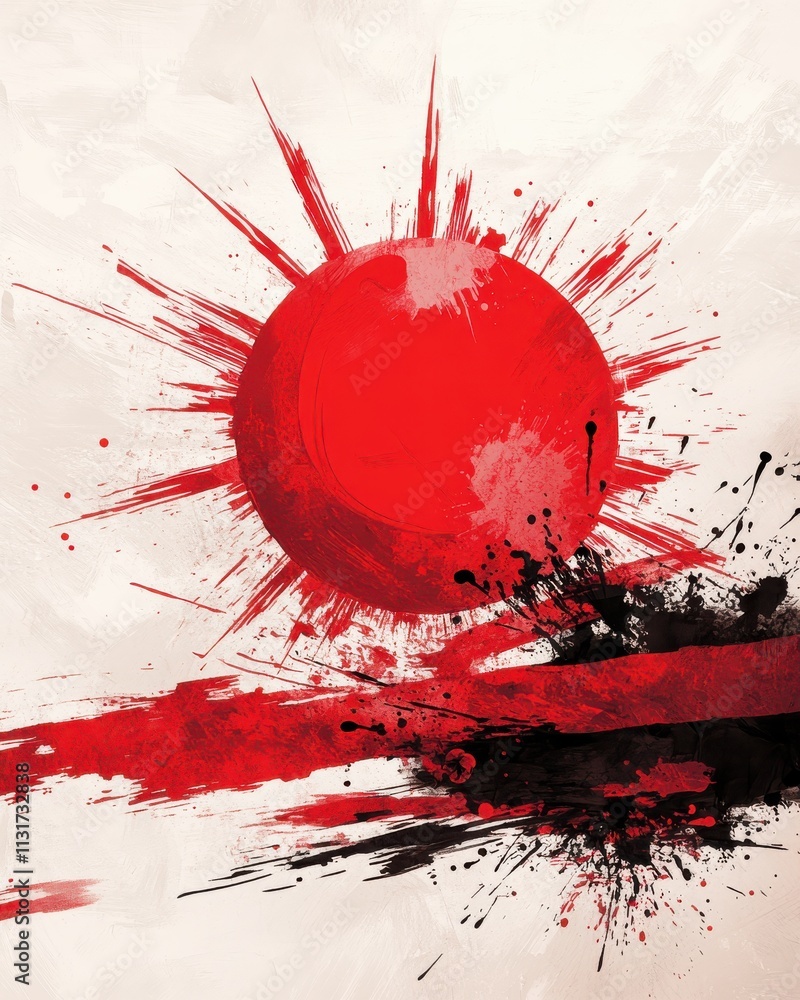 Poster a bold, abstract representation of a red sun with dynamic splashes of black and red, creating an ene