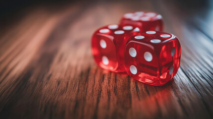 Red dice on wooden surface create vibrant and playful atmosphere