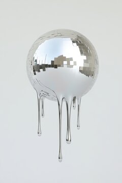Concept Art, Conceptual, time melting, retro concept, disco is over, retro is over, uncool, too old, A giant floating disco ball melting and dripping melted chrome, isolated on a white background