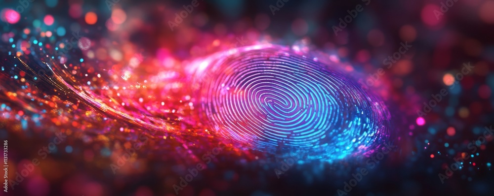 Poster encryption device footprint concept. glowing fingerprint icon in vibrant colors on dark background