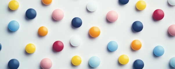 Closeup of colorful medicine pills on a clean white surface, modern pharmaceutical concept