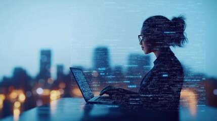 Woman works on laptop at night. Data processing concept. Digital interface overlay. City background. Global business in tech sector. Modern tech illustration. AI generated image.
