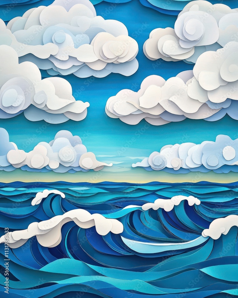 Poster a serene ocean scene featuring layered waves and fluffy clouds in vibrant blues and whites, creating