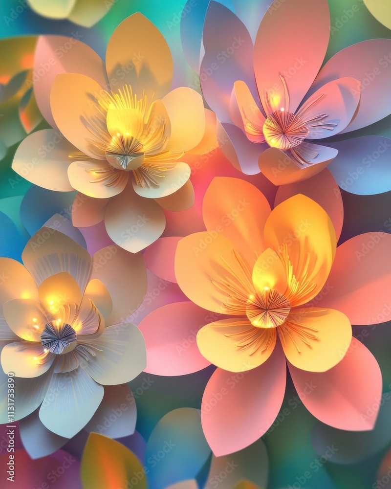 Poster a vibrant display of multicolored blossoms featuring soft pastels and warm hues creating a serene at