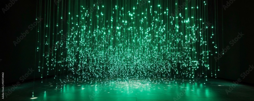 Poster fiber optic performance concept. pulsating green fiber optic nodes create mesmerizing visual effect