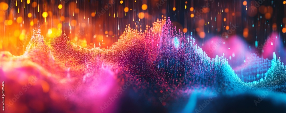 Poster colorful sound waves moving in sync with a pulsating light, dynamic audio, visual harmony