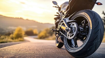 Naklejka premium A motorcycle parked on a winding road during sunset, showcasing its rear wheel and landscape.