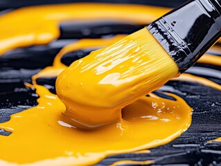 Vibrant Yellow Paint with Brush on Surface