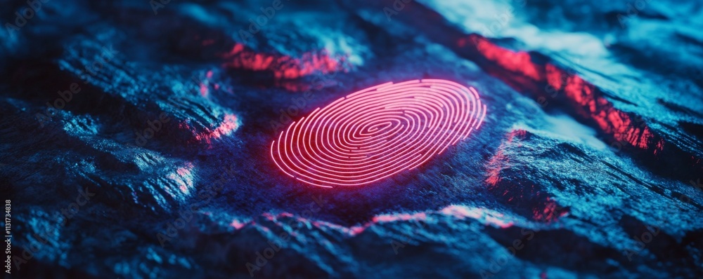 Poster encryption device footprint concept. glowing fingerprint icon projected in neon colors, symbolizing 