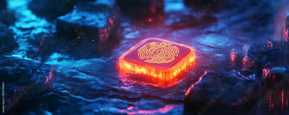 Poster encryption device footprint concept. glowing fingerprint icon in vibrant colors on dark background