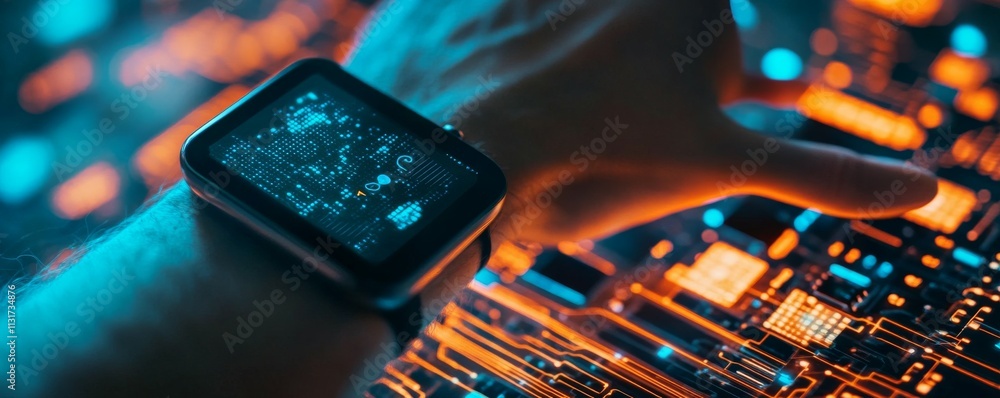 Poster encryption device footprint concept. hand wearing smartwatch against vibrant circuit board backgroun