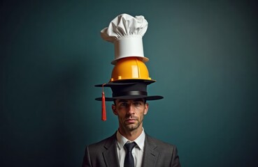 Man wears many hats representing various professions. Chef hat, hard hat, graduation cap stacked on head. In business suit, formal attire. Scene portrays multitasking in business, entrepreneurship.