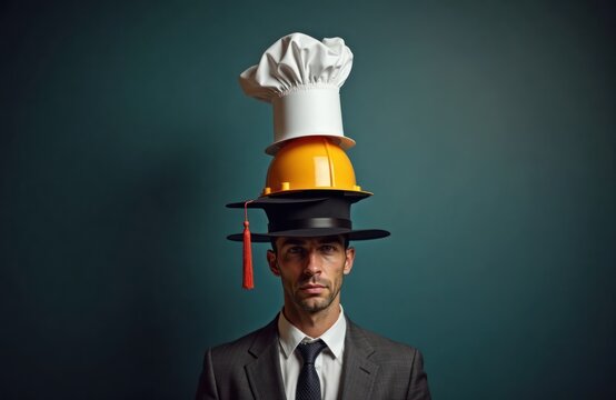 Man wears many hats representing various professions. Chef hat, hard hat, graduation cap stacked on head. In business suit, formal attire. Scene portrays multitasking in business, entrepreneurship.