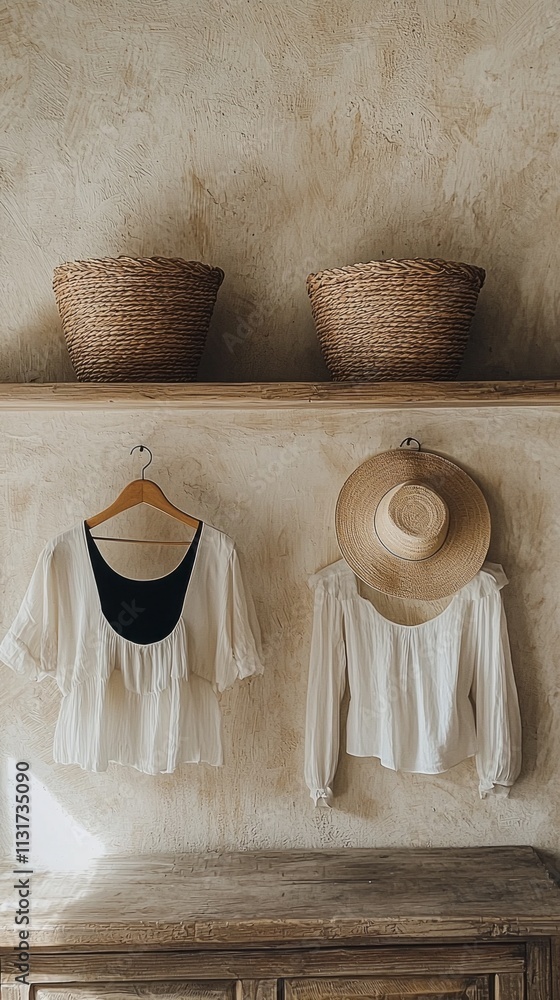 Aufkleber soft light illuminates a carefully arranged display of chic garments on a rustic wooden shelf, compl