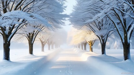 Snowy cold road covered by snow and white snow covered trees on sides of the street, winter nature