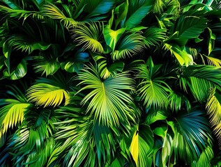 Tropical bunch of plants and leaves with slight sunlight on them, warm weather high humidity nature