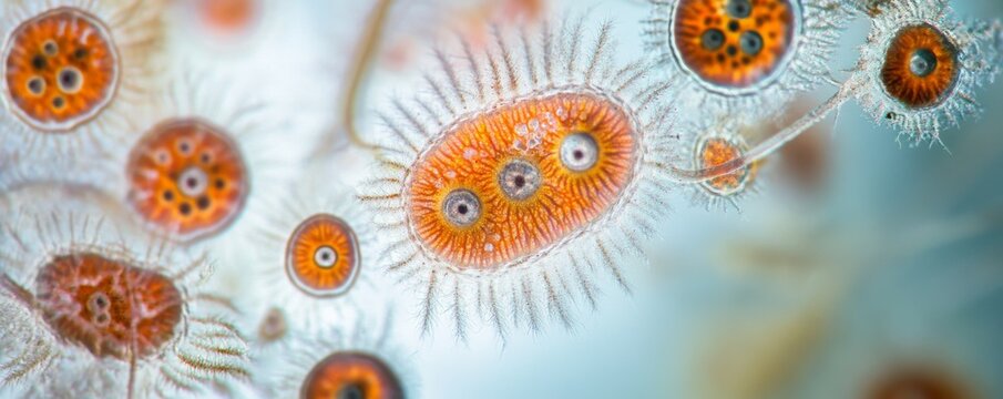 Fungus spores under a microscope, vibrant textures and organic patterns, microscope biology, microbiology and nature study