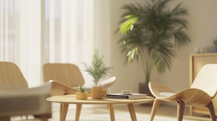 Fototapeta premium Modern, minimalist living room with wooden furniture and a small plant. Sunlight streams through sheer curtains.