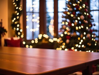 Christmas theme house design with wooden shelf in foreground and pine decorated trees in background, new year and Christmas eve