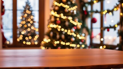 Christmas theme house design with wooden shelf in foreground and pine decorated trees in background, new year and Christmas eve
