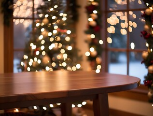Christmas theme house design with wooden shelf in foreground and pine decorated trees in background, new year and Christmas eve
