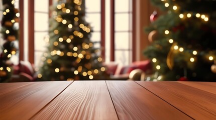 Christmas theme house design with wooden shelf in foreground and pine decorated trees in background, new year and Christmas eve
