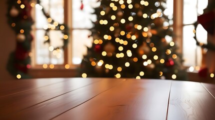 Christmas theme house design with wooden shelf in foreground and pine decorated trees in background, new year and Christmas eve
