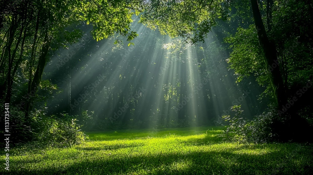 Poster sunlight filters through the verdant canopy, casting delicate rays onto the lush, emerald grass belo
