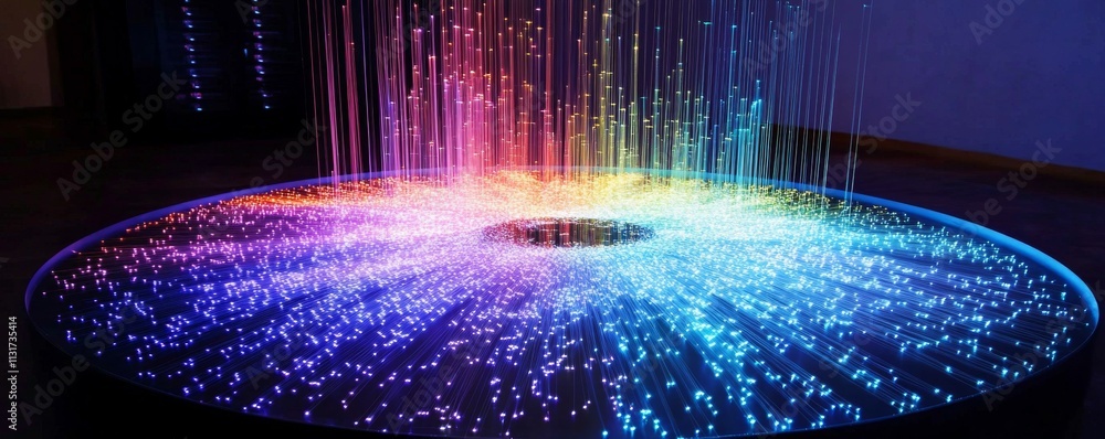 Poster fiber optic performance concept. fiber optic threads creating neural like patterns in vibrant light