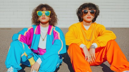 Two young people dressed in vibrant 90s fashion sitting outdoors. Wear colorful tracksuits bright colors, sunglasses. Outdoor setting suggests sunny day. Trendy outfits reflect 90s youth fashion