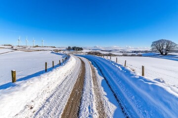 A picturesque scene of a wind farm on a snowy landscape, with turbines contrasting against white fields