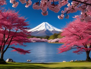 Great mountain peak in far and cherry tree branches in foreground next to a blue lake under blue sky, beautiful landscape view