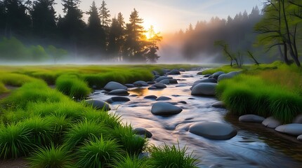 Close-up view of a river in nature with dusk trees and green fresh grass under clear cloudy and foggy sky