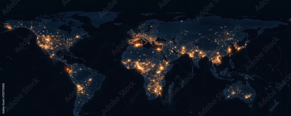 Poster global interconnected companies represented on map with glowing points