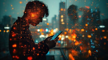 Man uses smartphone at night in city. Tech overlay shows data, internet network. City lights blur in background. Mobile phone use digital age. Modern digital tech photo shows connection between
