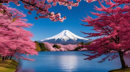 Great mountain peak in far and cherry tree branches in foreground next to a blue lake under blue...