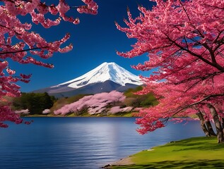 Great mountain peak in far and cherry tree branches in foreground next to a blue lake under blue sky, beautiful landscape view