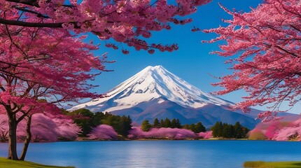 Great mountain peak in far and cherry tree branches in foreground next to a blue lake under blue sky, beautiful landscape view