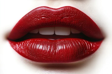Obraz premium Close-up view of red lips with red lipstick. Woman model with vibrant red lipstick. Glamour makeup closeup. Beauty, fashion. Perfect for makeup tutorials beauty products. Detail of texture, shine.