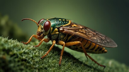 Close-up of a vibrant green and yellow insect on moss.