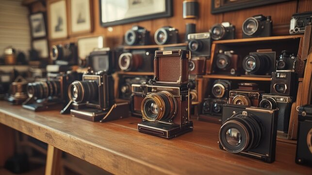 Vintage cameras displayed on wooden table.