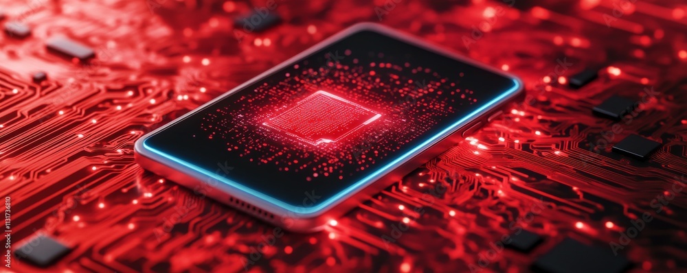Aufkleber encryption device footprint concept. digital smartphone on vibrant red circuit board background, sym