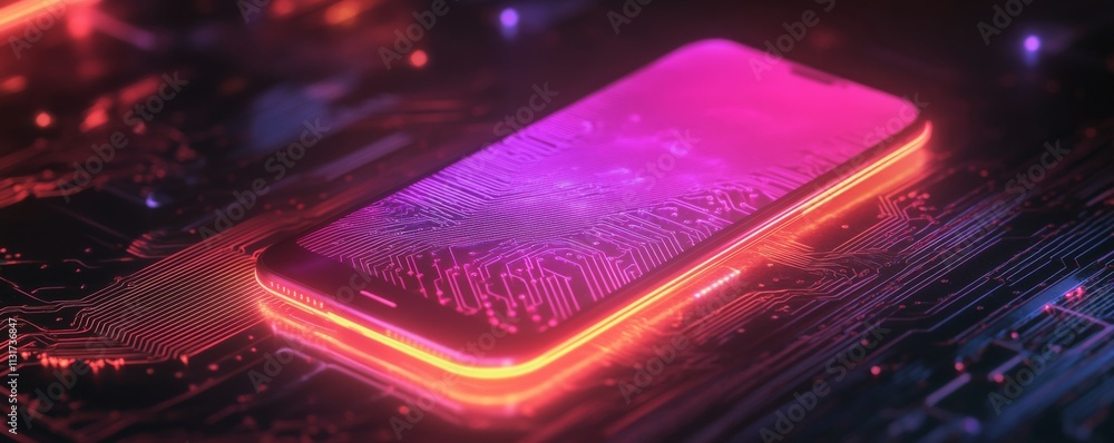 Poster encryption device footprint concept. futuristic smartphone on neon circuit board with glowing lines