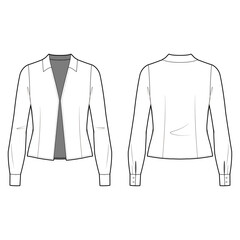 Technical Flat sketch of open front collared blouse. Vector mock up. Deep V-neck top with long sleeves. Woman cropped top with shirt collar, vertical darts. Cuffs, slit, button, tuck, snap, hook eye.