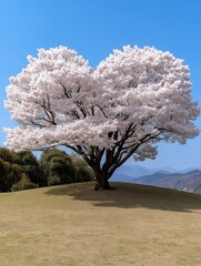 A tree with white blossoms is on a hill