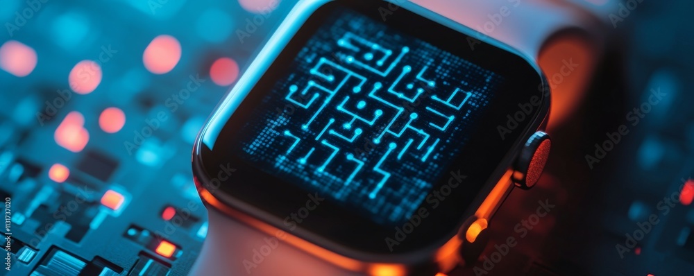 Poster encryption device footprint concept. minimalistic illustration of glowing maze on smartwatch display
